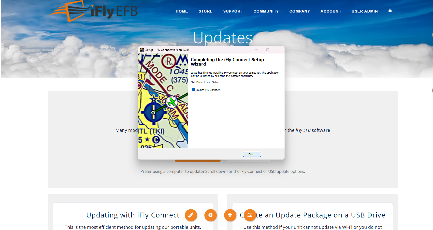 Completing the iFly Connect Setup Wizard with the 'Launch iFly Connect' option selected before clicking Finish